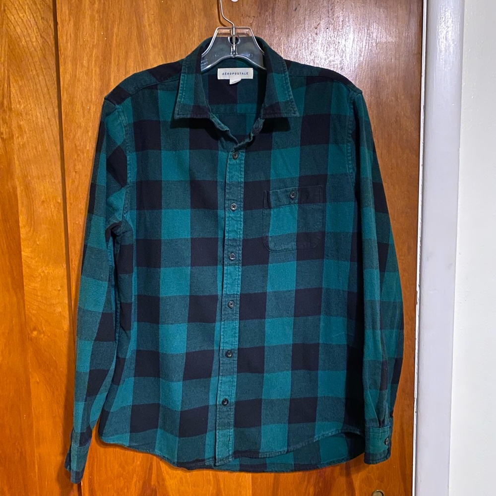 Aeropostale Teal and Black Plaid Buffalo Check Long Sleeve Shirt, Size Medium
